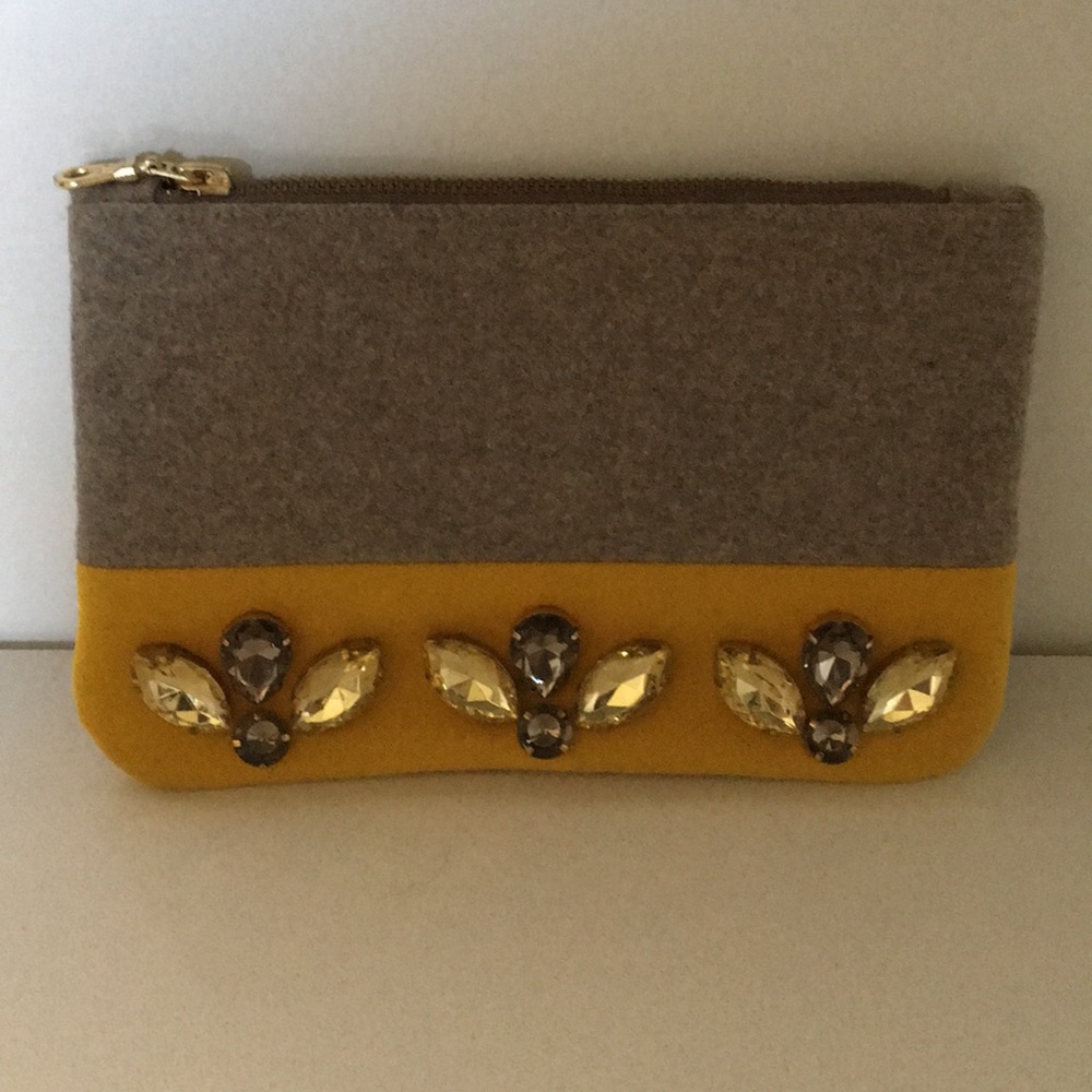 Mustard and grey beaded clutch from Anthropologie